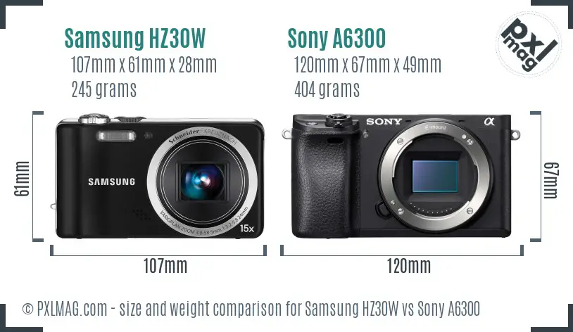 Samsung HZ30W vs Sony A6300 size comparison