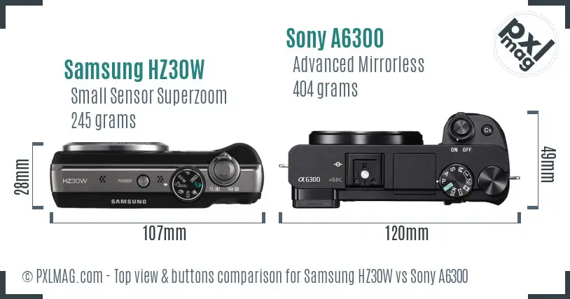 Samsung HZ30W vs Sony A6300 top view buttons comparison