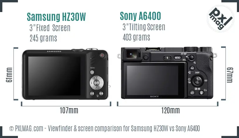 Samsung HZ30W vs Sony A6400 Screen and Viewfinder comparison