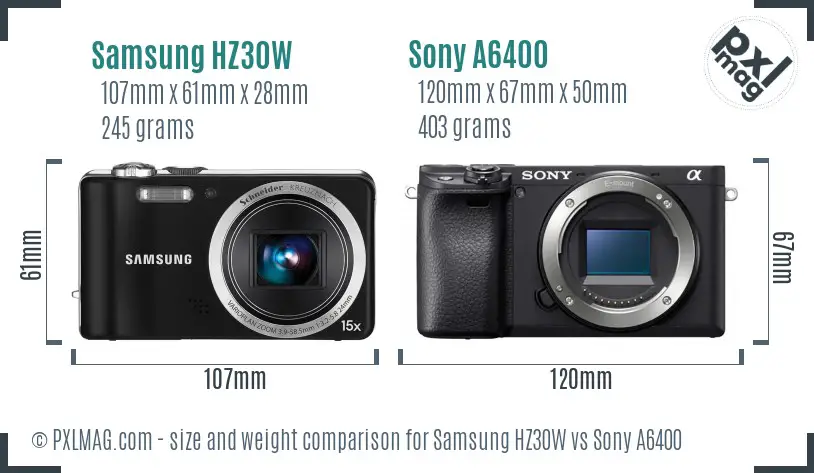 Samsung HZ30W vs Sony A6400 size comparison