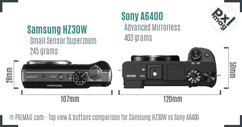Samsung HZ30W vs Sony A6400 top view buttons comparison