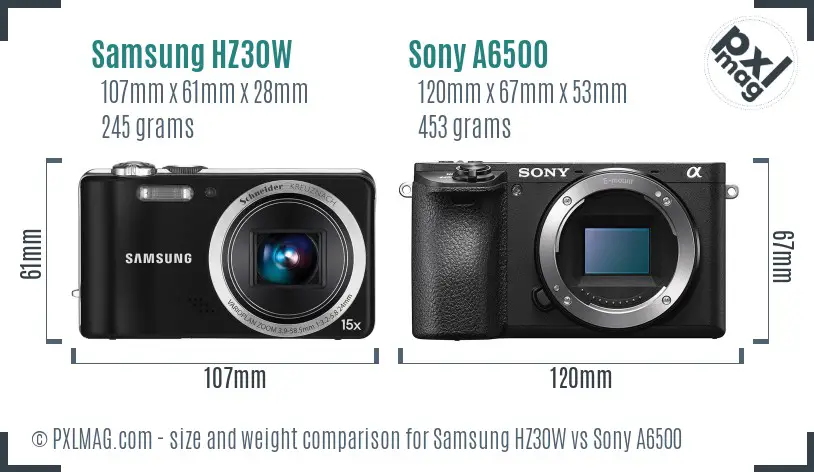 Samsung HZ30W vs Sony A6500 size comparison