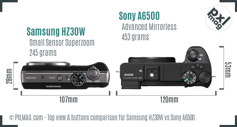 Samsung HZ30W vs Sony A6500 top view buttons comparison