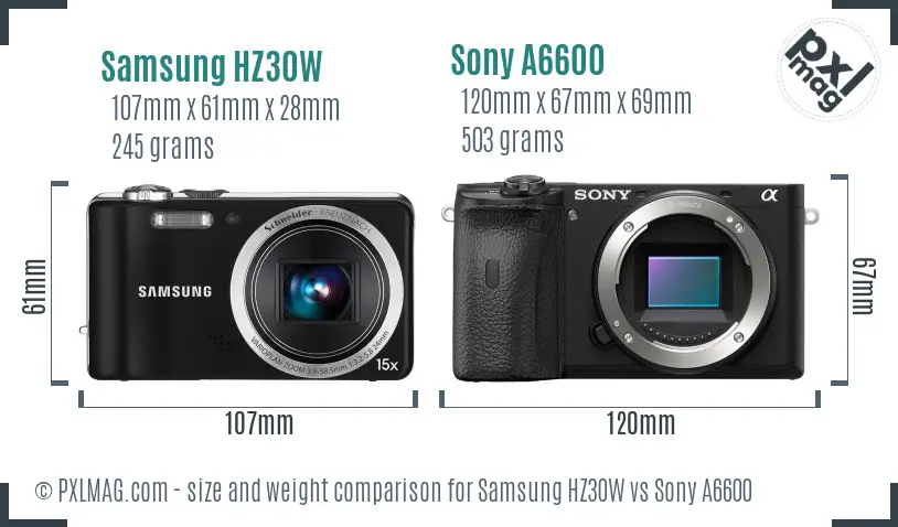 Samsung HZ30W vs Sony A6600 size comparison