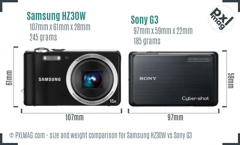 Samsung HZ30W vs Sony G3 size comparison