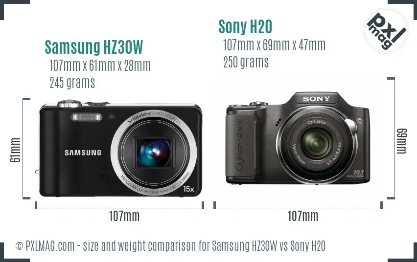 Samsung HZ30W vs Sony H20 size comparison