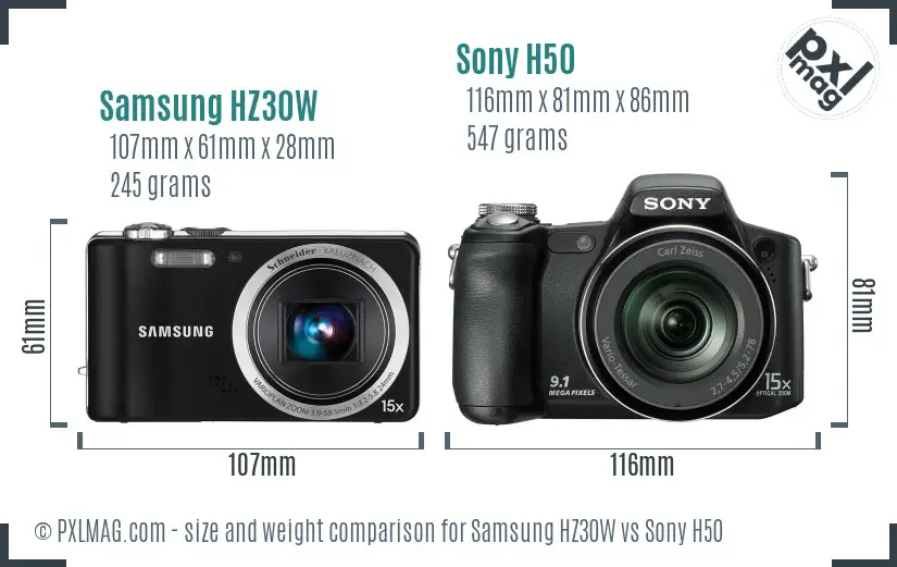 Samsung HZ30W vs Sony H50 size comparison