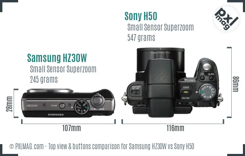Samsung HZ30W vs Sony H50 top view buttons comparison