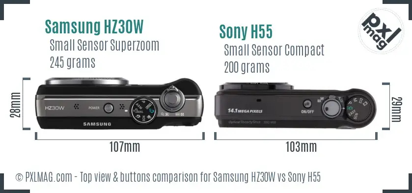 Samsung HZ30W vs Sony H55 top view buttons comparison