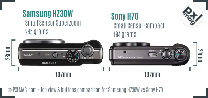 Samsung HZ30W vs Sony H70 top view buttons comparison