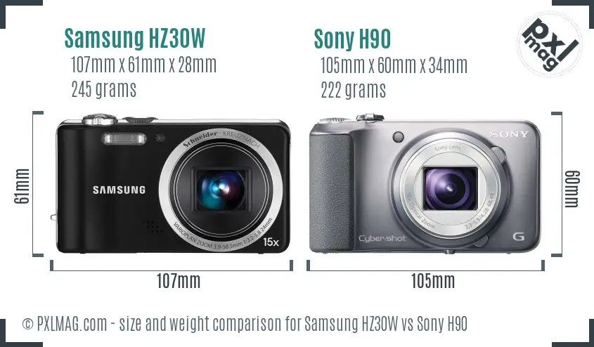 Samsung HZ30W vs Sony H90 size comparison