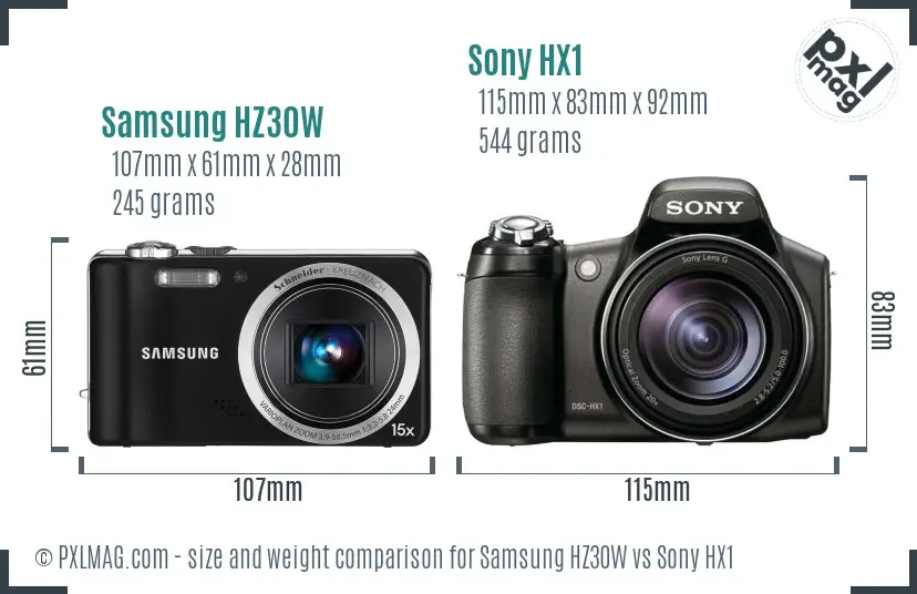 Samsung HZ30W vs Sony HX1 size comparison