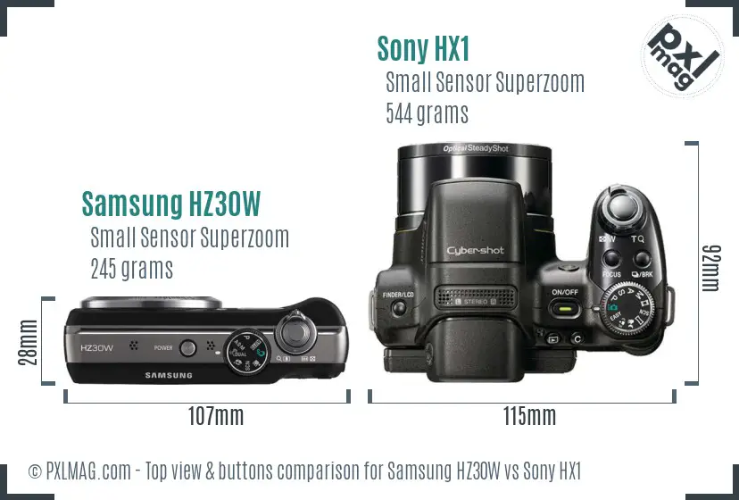 Samsung HZ30W vs Sony HX1 top view buttons comparison