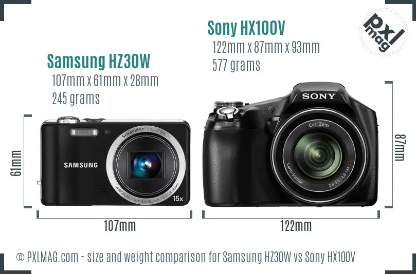 Samsung HZ30W vs Sony HX100V size comparison