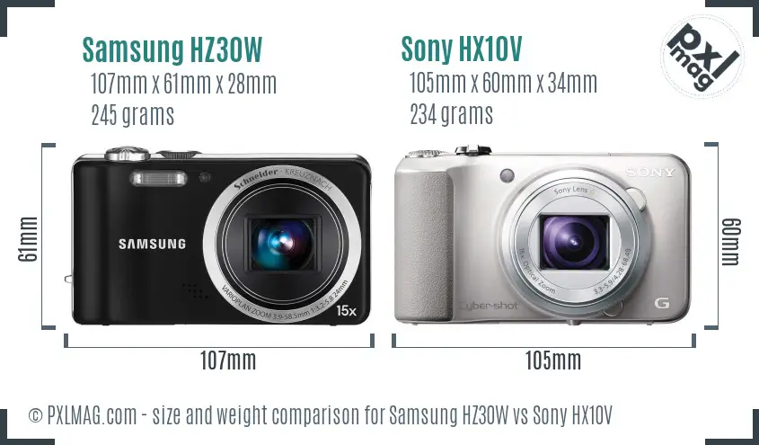 Samsung HZ30W vs Sony HX10V size comparison