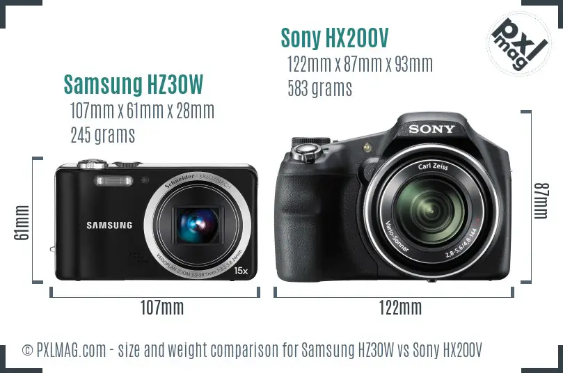 Samsung HZ30W vs Sony HX200V size comparison