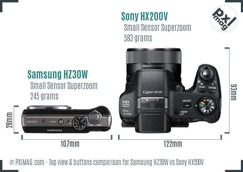 Samsung HZ30W vs Sony HX200V top view buttons comparison