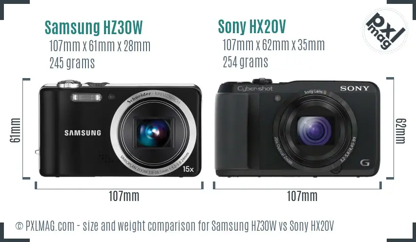 Samsung HZ30W vs Sony HX20V size comparison