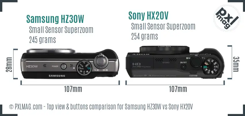 Samsung HZ30W vs Sony HX20V top view buttons comparison