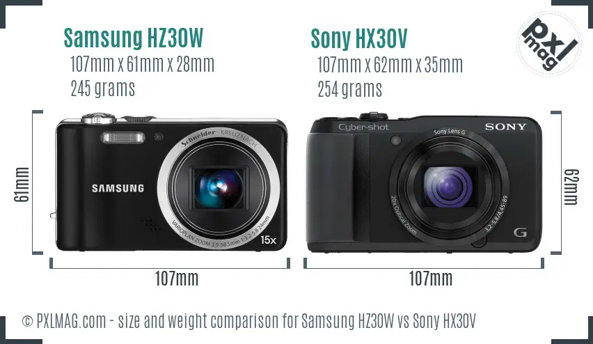 Samsung HZ30W vs Sony HX30V size comparison