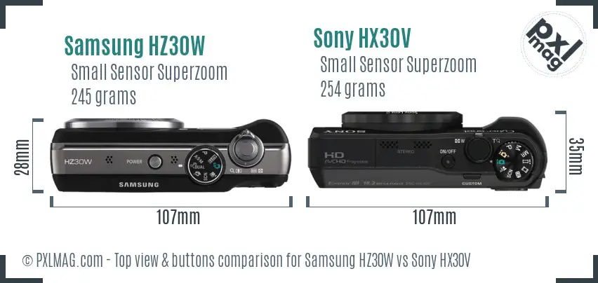 Samsung HZ30W vs Sony HX30V top view buttons comparison