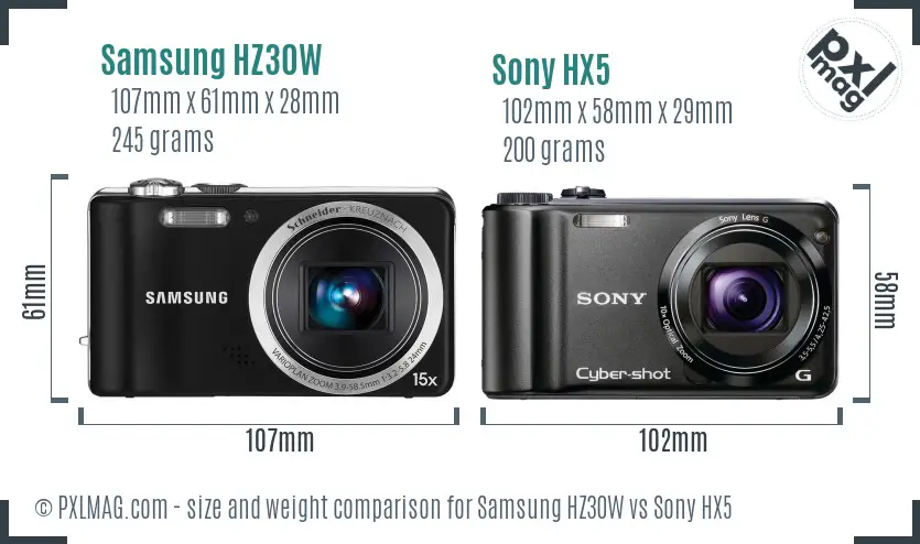 Samsung HZ30W vs Sony HX5 size comparison