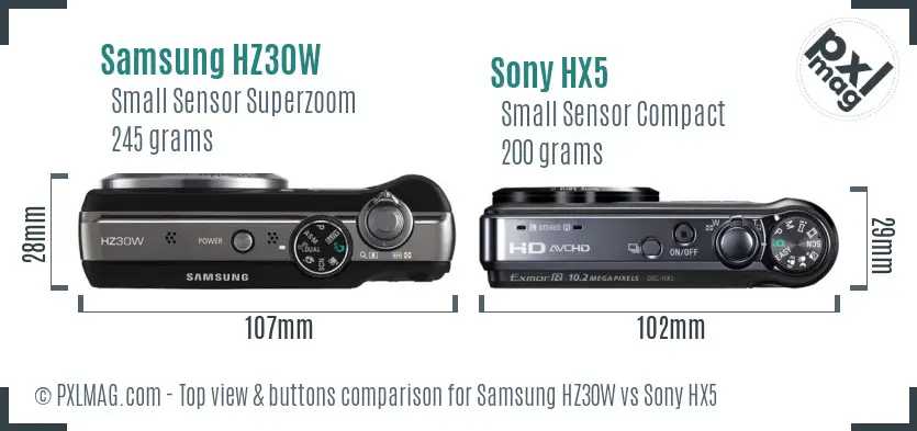 Samsung HZ30W vs Sony HX5 top view buttons comparison
