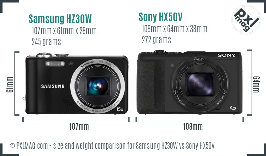 Samsung HZ30W vs Sony HX50V size comparison