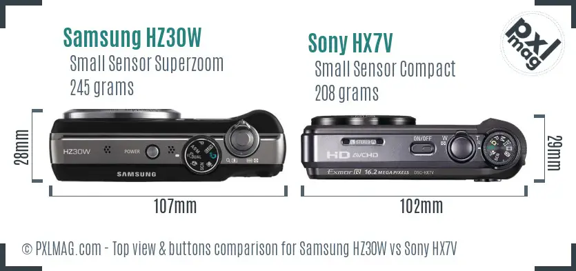 Samsung HZ30W vs Sony HX7V top view buttons comparison