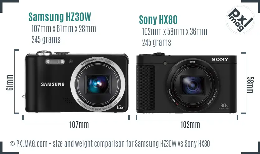 Samsung HZ30W vs Sony HX80 size comparison