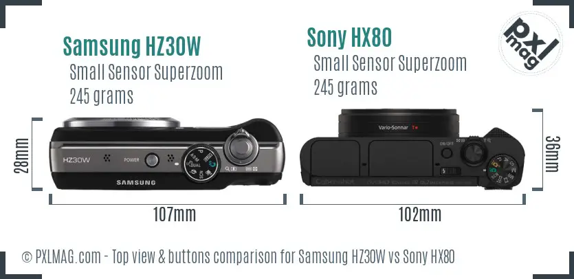 Samsung HZ30W vs Sony HX80 top view buttons comparison