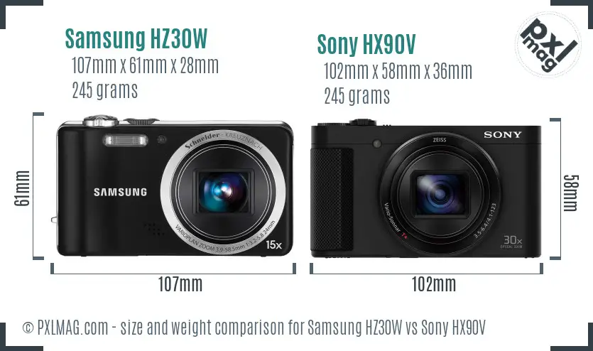 Samsung HZ30W vs Sony HX90V size comparison