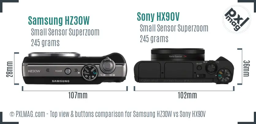 Samsung HZ30W vs Sony HX90V top view buttons comparison