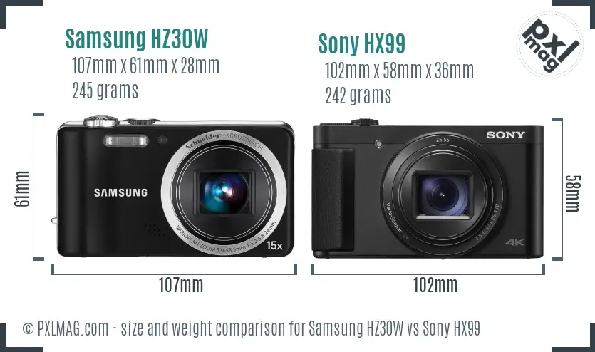Samsung HZ30W vs Sony HX99 size comparison