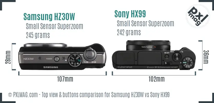 Samsung HZ30W vs Sony HX99 top view buttons comparison