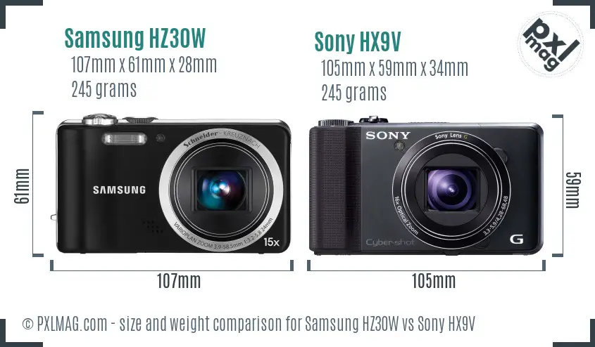 Samsung HZ30W vs Sony HX9V size comparison