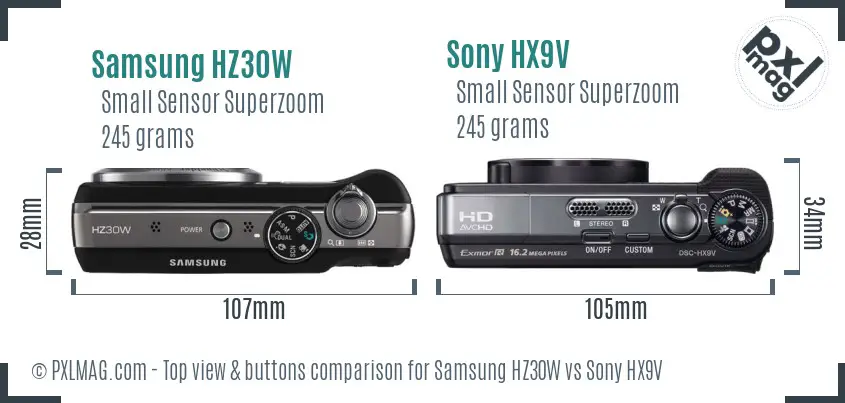 Samsung HZ30W vs Sony HX9V top view buttons comparison