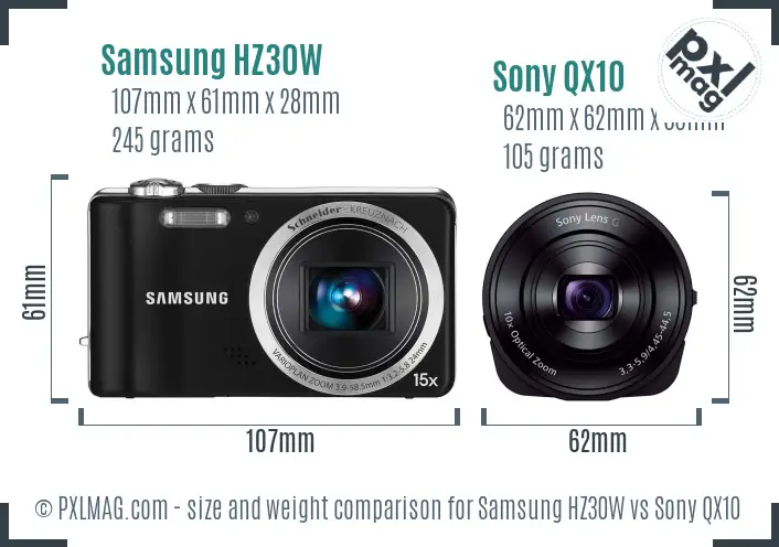 Samsung HZ30W vs Sony QX10 size comparison
