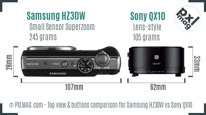 Samsung HZ30W vs Sony QX10 top view buttons comparison