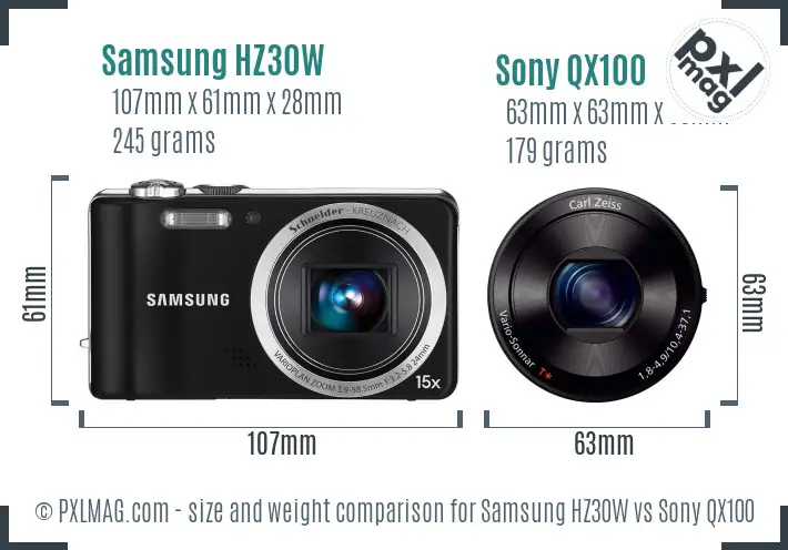 Samsung HZ30W vs Sony QX100 size comparison