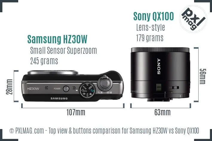 Samsung HZ30W vs Sony QX100 top view buttons comparison