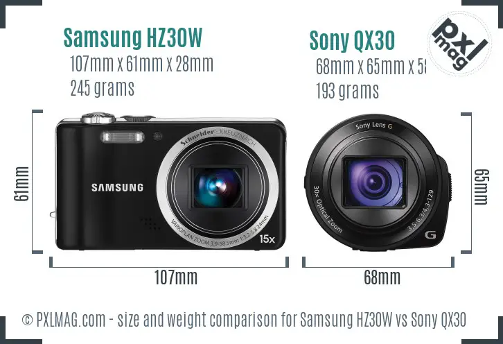 Samsung HZ30W vs Sony QX30 size comparison