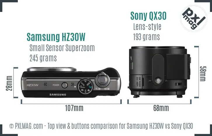 Samsung HZ30W vs Sony QX30 top view buttons comparison