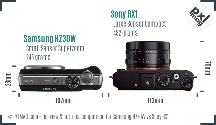 Samsung HZ30W vs Sony RX1 top view buttons comparison