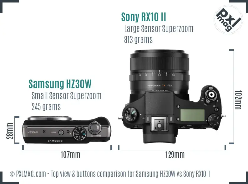 Samsung HZ30W vs Sony RX10 II top view buttons comparison