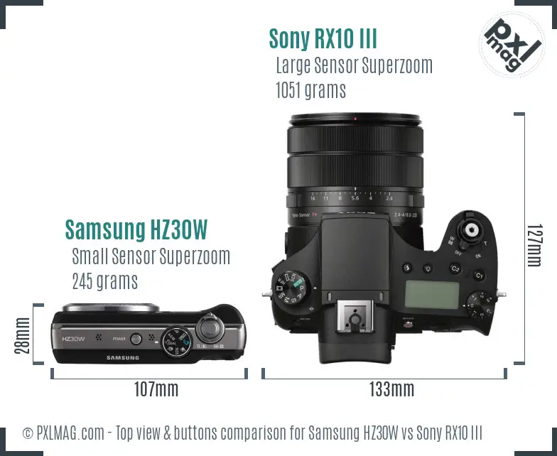 Samsung HZ30W vs Sony RX10 III top view buttons comparison