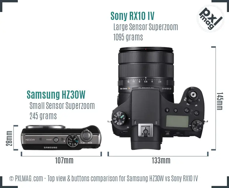 Samsung HZ30W vs Sony RX10 IV top view buttons comparison