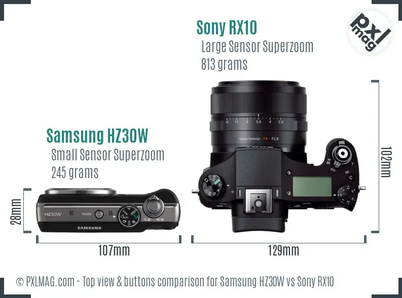 Samsung HZ30W vs Sony RX10 top view buttons comparison