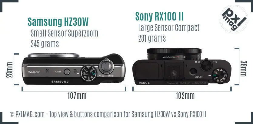 Samsung HZ30W vs Sony RX100 II top view buttons comparison