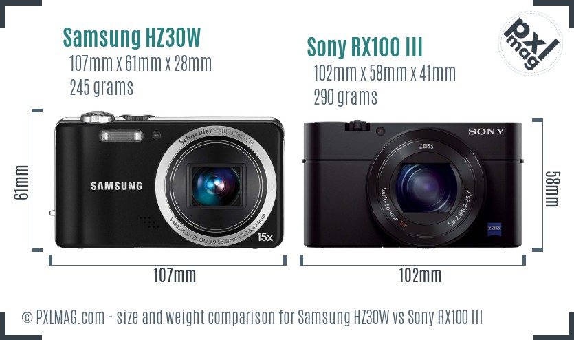 Samsung HZ30W vs Sony RX100 III size comparison